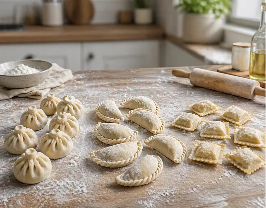 Assorted raw dumplings on a floured wooden surface with rolling pin and flour bowl