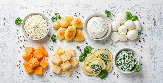 Assorted savory dumpling fillings with cheese, potato and spinach